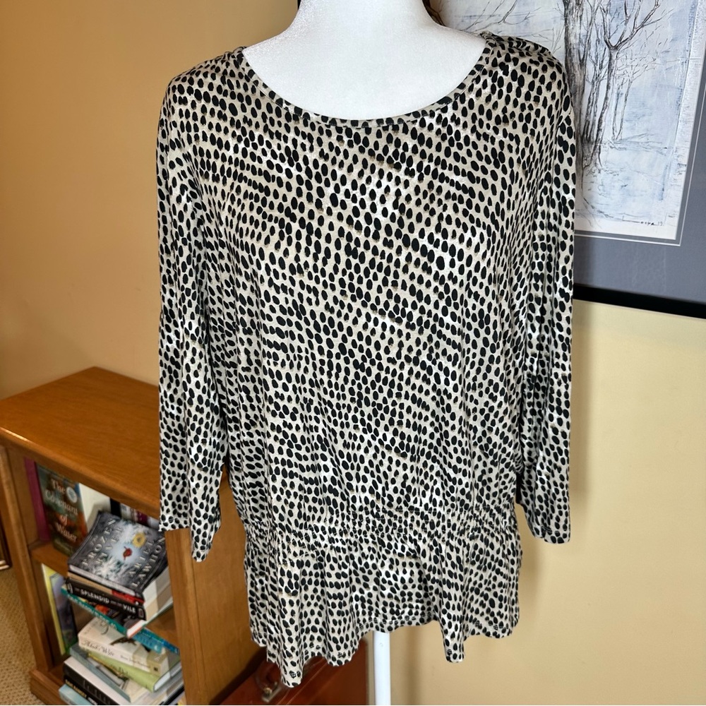 Chico's Scoop Neck Animal Print Pullover Top Elastic Peplum Waist Sz 3/XL